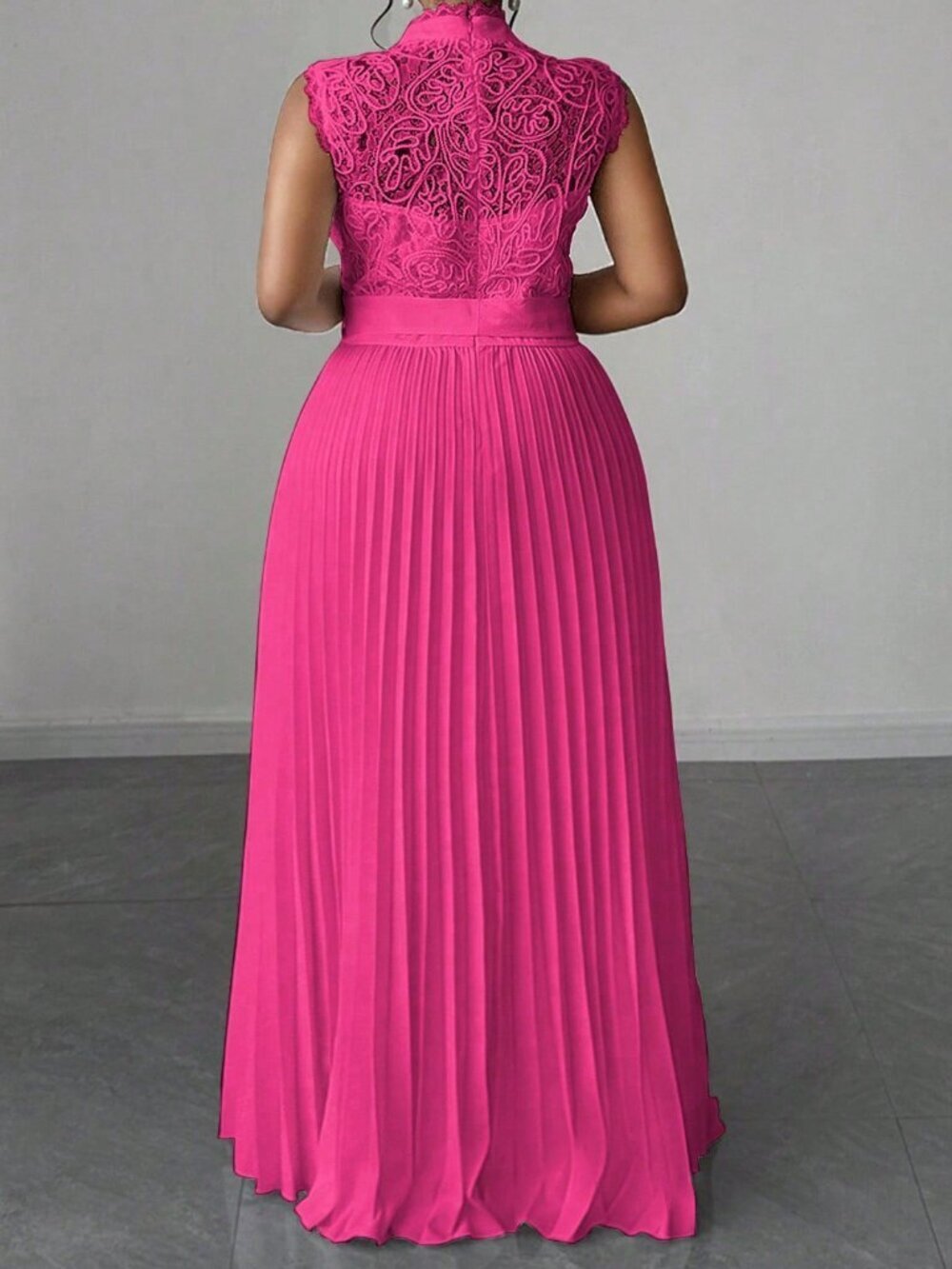 Hot Pink Elegant Women's Plus Size Lace Pleated Waist Sleeveless Dress - Picture 2 of 7